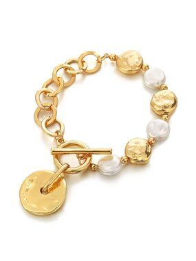 NEW Chunky Link Bracelet 18K Plated Pearls Toggle Clasp Round Charm Glam